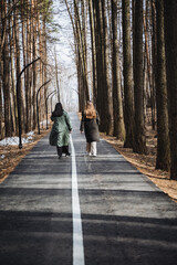 Two women strolling along a woodland road, surrounded by natures beauty
