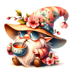 Gnomes and Cherry Blossoms Illustration Collection, A vibrant collection of illustrated gnomes surrounded by cherry blossoms, symbolizing spring and whimsy, watercolor gnomes, spring gnome

