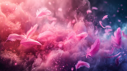 Fliegende pink farbene Federn für Hintergrundmotiv und Druckvorlage im Querformat für Banner, ai generativ