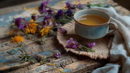Herbal Tea in Glass Cup Surrounded by Wildflowers in Nature