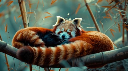 Crimson Guardians: A Pair of Red Pandas, Playfully Prowling Amidst Lush Foliage, Their Fiery Coats...