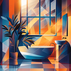 Vector illustration of a mordern bathroom with window and bathtub, wash basin and potted plant, 8K