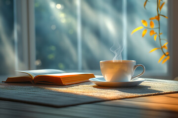 Naklejka na ściany i meble Serene Morning Scene with a Steaming Cup of Coffee and Open Book on a Sunny Table