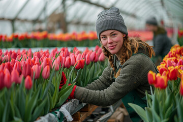 Portrait of young woman working in a greenhouse with red tulips
