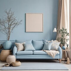 The mock-up poster frame, sky blue sofa, patterned pillow, beige pitcher, vase with branch, and personal items create an attractive composition of a cosy living room décor. Interior design. Template