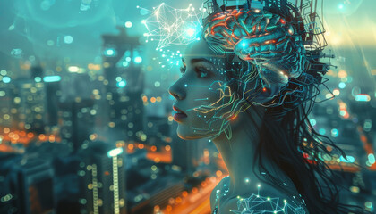 A woman with a brain on her head is looking out over a city by AI generated image