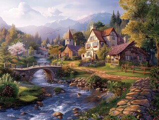 A tranquil riverside village nestled among rolling hills, with quaint cottages and stone bridges spanning a gentle stream pastoral idyll The peaceful scene is brought to life with vibrant colors