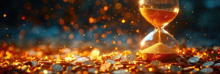 Wealth and Time: Shimmering Coins and Sand Timer - obrazy, fototapety, plakaty