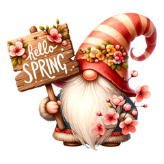 Gnomes and Cherry Blossoms Illustration Collection, A vibrant collection of illustrated gnomes surrounded by cherry blossoms, symbolizing spring and whimsy, watercolor gnomes, spring gnome

