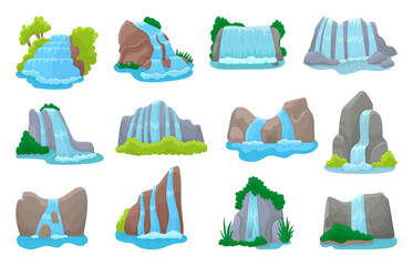 Nature waterfall set. Isolated waterfalls cartoon, mountains or rocks, tree, bushes and grass. Natural elements for landscapes, neoteric vector set