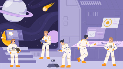 Crew on spaceship. Astronauts in spacesuits and pilot. Interstellar travelers, space explorations team with engineer. Colorful cartoon snugly vector scene
