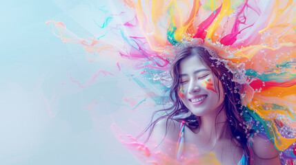 Portrait of a beautiful and happy woman with colorful water and painting in pastel style