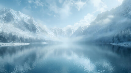 Enchanting Winter Landscape with Snow-Covered Mountains and Serene Lake