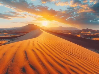 Papier Peint photo Lavable Orange A vast desert landscape with towering sand dunes stretching to the horizon, bathed in the warm glow of the setting sun endless expanse The golden hour light creates dramatic shadows and highlights