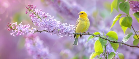 A cheerful golden-colored goldfinch sits amidst the fragrant, lavender-hued blooms of a lilac bush, adding a pop of vibrant color to the serene floral landscape.
