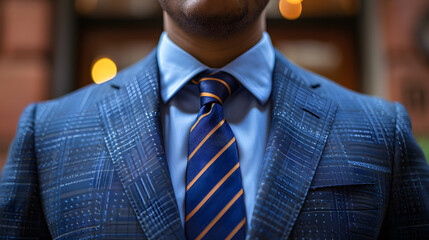 Close-up shot focusing on the chest of a man wearing a sharp blue suit with a circuit board pattern and an elegant striped tie