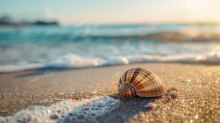 Beautiful small shell on the sandy seashore Sandy sea beach