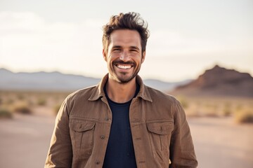 Portrait of a smiling man in his 30s sporting a rugged denim jacket isolated on backdrop of desert dunes