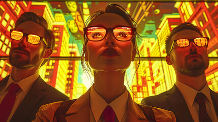 Dramatic close-up of a businesswoman and businessmen with reflections of a vibrant city skyline in their sunglasses, set in a futuristic ambiance
