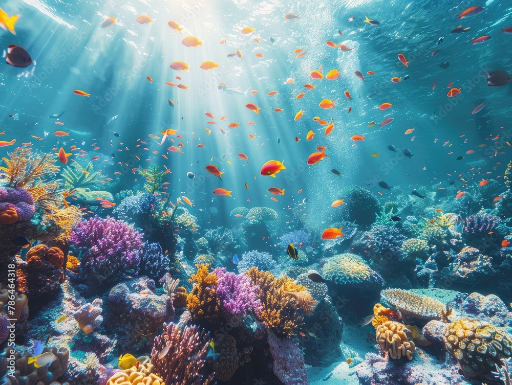 Wall mural A vibrant coral reef bustling with life beneath the waves, with colorful fish darting amongst the coral formations underwater oasis Sunlight filters through the crystal-clear water - Wall murals