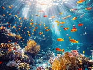 A vibrant coral reef teeming with colorful fish and exotic sea creatures, with shafts of sunlight filtering through the clear blue water underwater oasis Sunlight dances across the reef