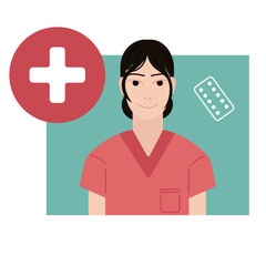 Nice female asian nurse character in red clothing on green background for icons, profile, apps, wallpapers, posters