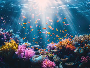 Fototapeta na wymiar A vibrant coral reef teeming with colorful marine life, with shafts of sunlight filtering down from the surface underwater wonderland Soft, diffused light illuminates the scene, bringing