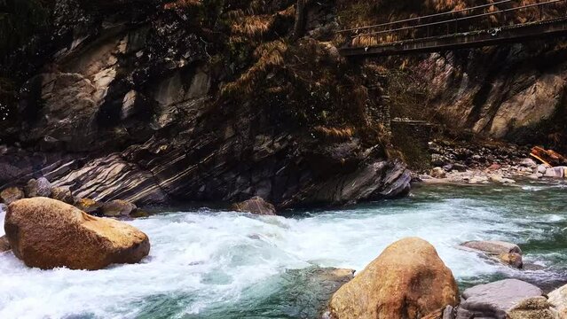 Timelapse of Turquoise blue glacial water of Parvati River in Himalayas, India