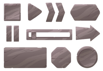 Stone menu buttons. GUI design elements. Natural rocky texture interface frames. Boards with fissures. Objects for game or site navigation. Cracked tablets. Rock UI icons vector set