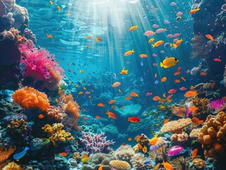 A vibrant coral reef teeming with colorful marine life, with shafts of sunlight filtering down from the surface underwater wonderland Soft, diffused light illuminates the scene, bringing