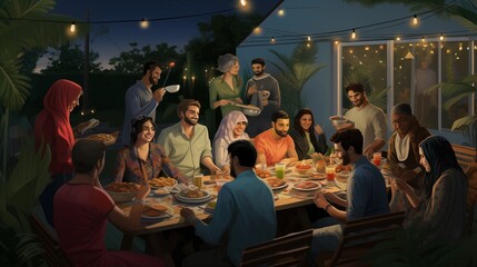 Friends gathering for a potluck dinner to celebrate Eid ul-Adha together