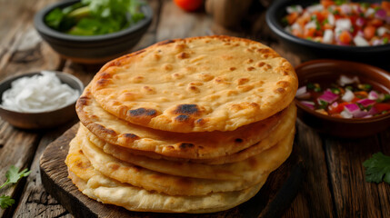 Delicious Mexican Gorditas Stacked with Spicy Meats and Salsas - obrazy, fototapety, plakaty