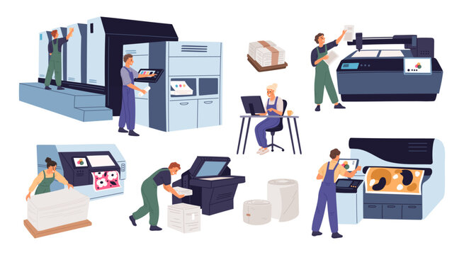 Print shop workers. Polygraphy equipment. Copying and printing machines. Books publishing. Posters and brochures typography production. People working at photocopier. Garish vector set
