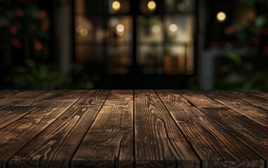 A detailed view of a rustic wooden tabletop, with a blurred background showcasing warm indoor lights and greenery.