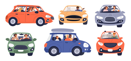 People in cars. Drivers with passengers. Automobile side view. Personal urban vehicles. Chauffeurs with fellow travelers. Couple travel by auto transport. Road traffic. Garish vector set