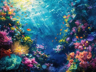 A vibrant coral reef teeming with life, with colorful fish darting among swaying sea anemones and delicate coral formations underwater wonderland Sunlight dances through the water