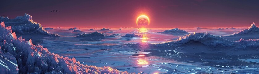 An alien world where the oceans are made of liquid crystal, sparkling and shimmering under a twin sunset - obrazy, fototapety, plakaty