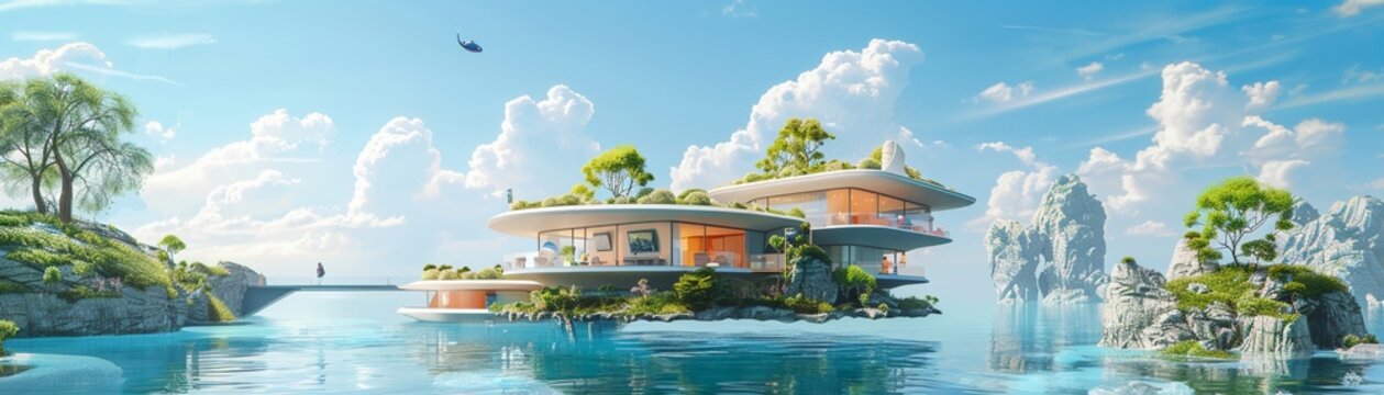 A retirement home on a floating island, where seniors relive their youth in virtual reality, nostalgically painted