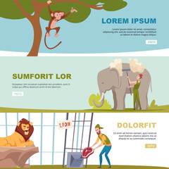 Bio banners animals in cartoon style living in zoo cage