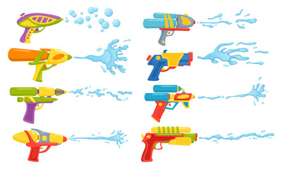 Kids water guns. Plastic toy weapon. Childish summer games. Liquid splashes and jets. Active outdoor playing. Songkran party. Pump blasters. Handguns with wet flows. Recent vector set