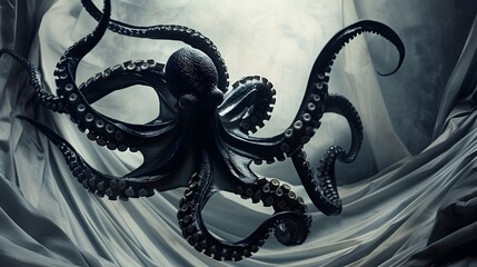 Sinister Octopus Tentacles Emerging from Murky Depths in Moody Monochrome Underwater Scene