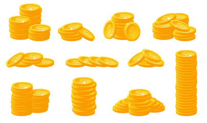 Gold coins stacks. Yellow metal money. Currency profit. Cents heaps and placers. Treasure cash. Finance savings. Banking investment. Financial assets. Game and app elements vector set