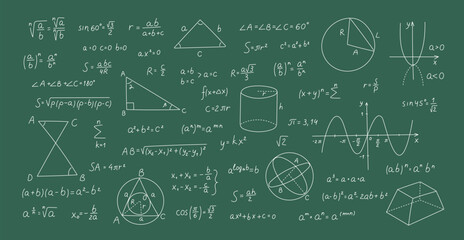 Doodle style math formulas. Hand drawn theory equations at blackboard. Geometry and algebra. School education. Trigonometry function calculation. Chalkboard background. Garish vector set