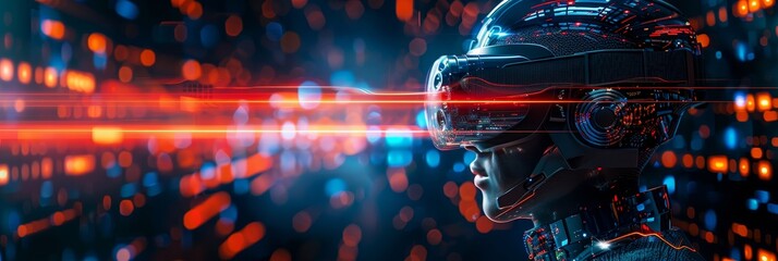 A man wearing a VR headset is looking at a blue background with red sparks by AI generated image - obrazy, fototapety, plakaty