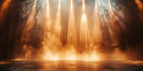 Empty concert stage with illuminated spotlights and smoke. Stage background , white spotlight and smoke, empty black stage with  blue orange spotlights