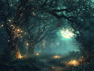 An enchanted forest bathed in the soft glow of moonlight, with ancient trees casting long shadows on the forest floor and fireflies dancing in the air mystical woodland Ethereal creatures flit among