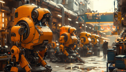 A group of yellow robots are standing in a factory by AI generated image