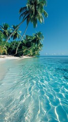 Pristine tropical beach with clear turquoise waters under a sunny blue sky, flanked by lush palm trees.
