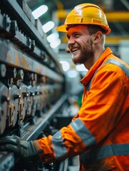 Engineer smiling at machine, industry, man, helmet, generative AI