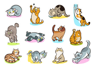 Cats behavior. Cute pets of different colors and breeds. Domestic animals play or wash fur. Relaxing happy mammals. Kitten mark territory and sharpen their claws. Splendid vector set